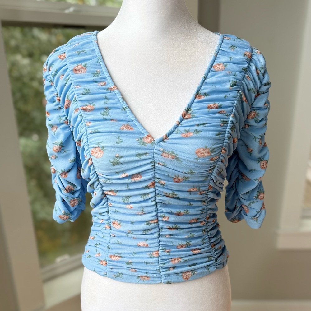 ZARA Baby Blue Pink Floral Mesh Rusched V Neck Elbow Sleeve Top Size Small